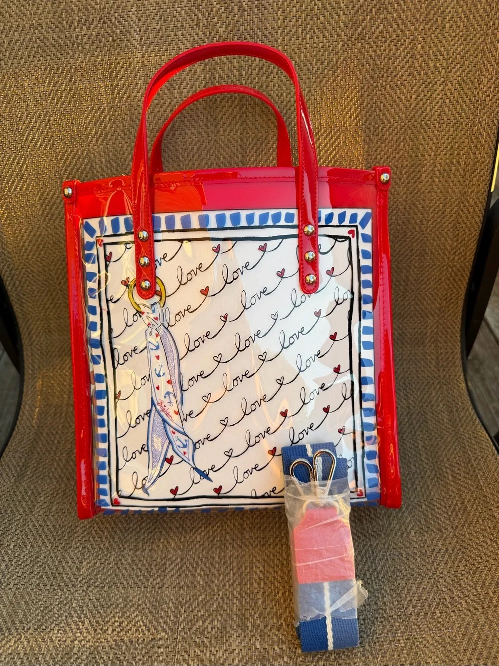 BRIGHTON STRIPED LOVE CLEAR TOTE  Red trim w/Blue Canvas removable strap NWT
